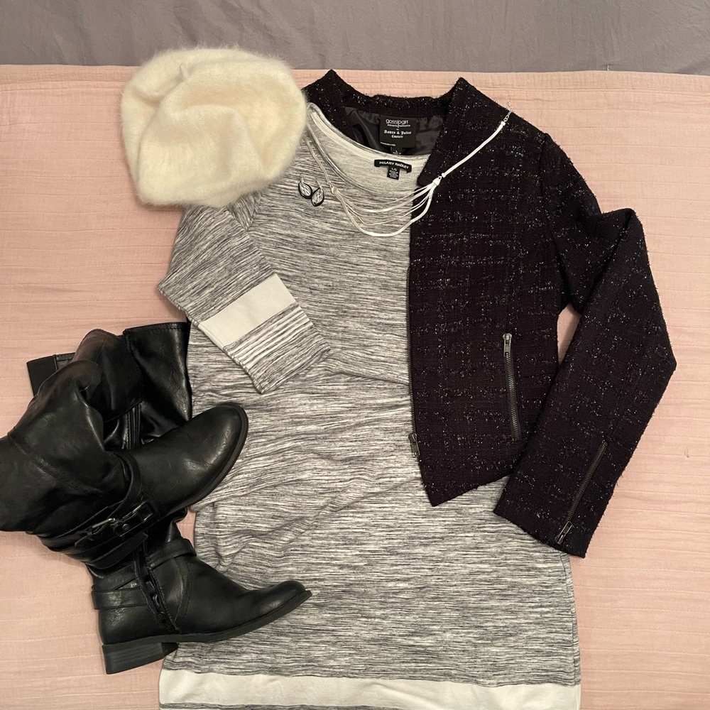 Gray and Black Dress with Jacket and Boots
